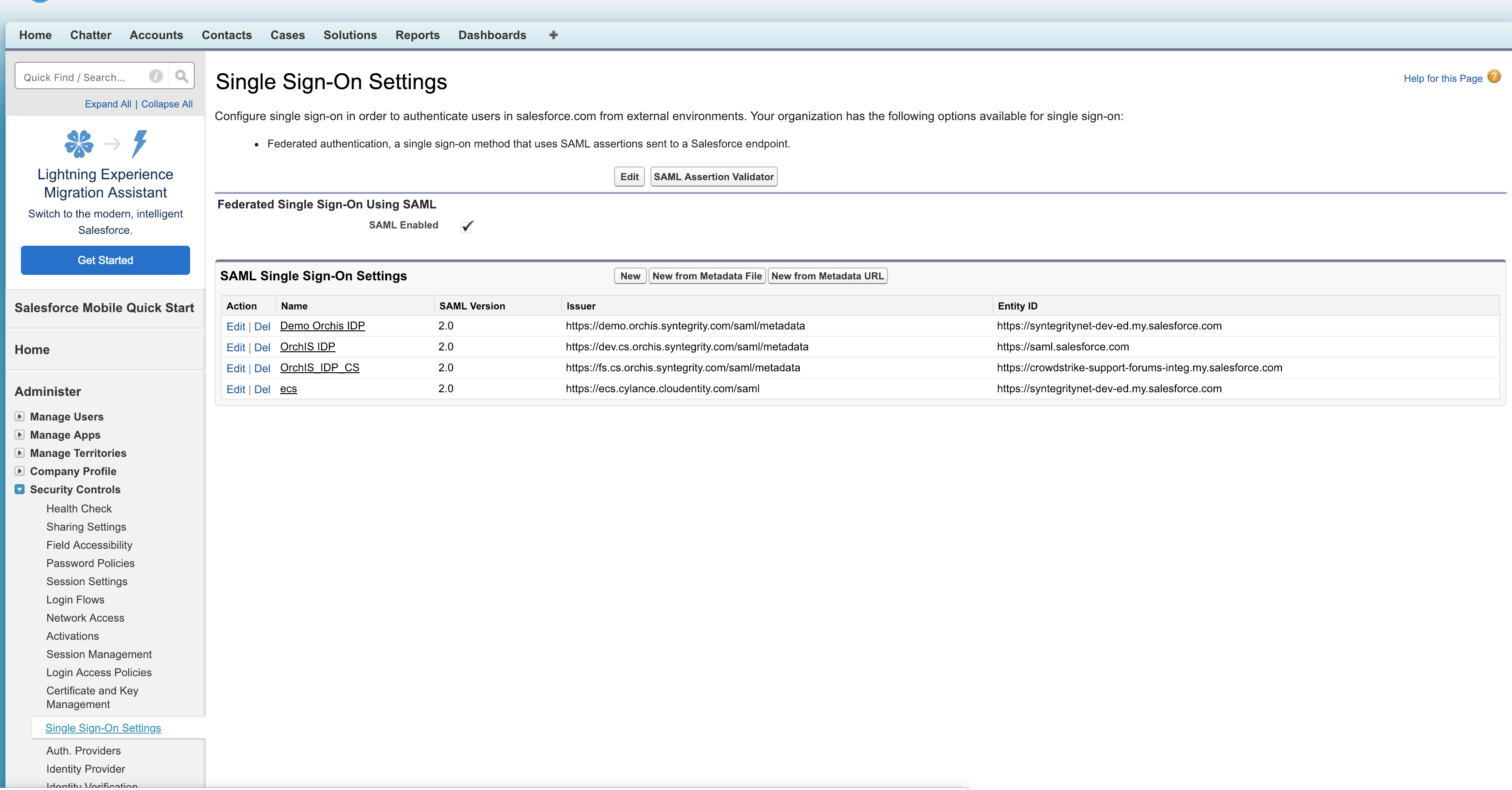 salesforce single sign on settings