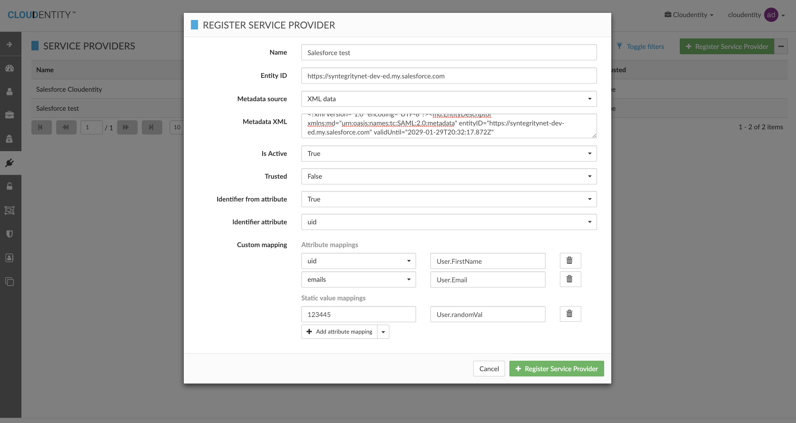 Register External Sp Configuration for Organization