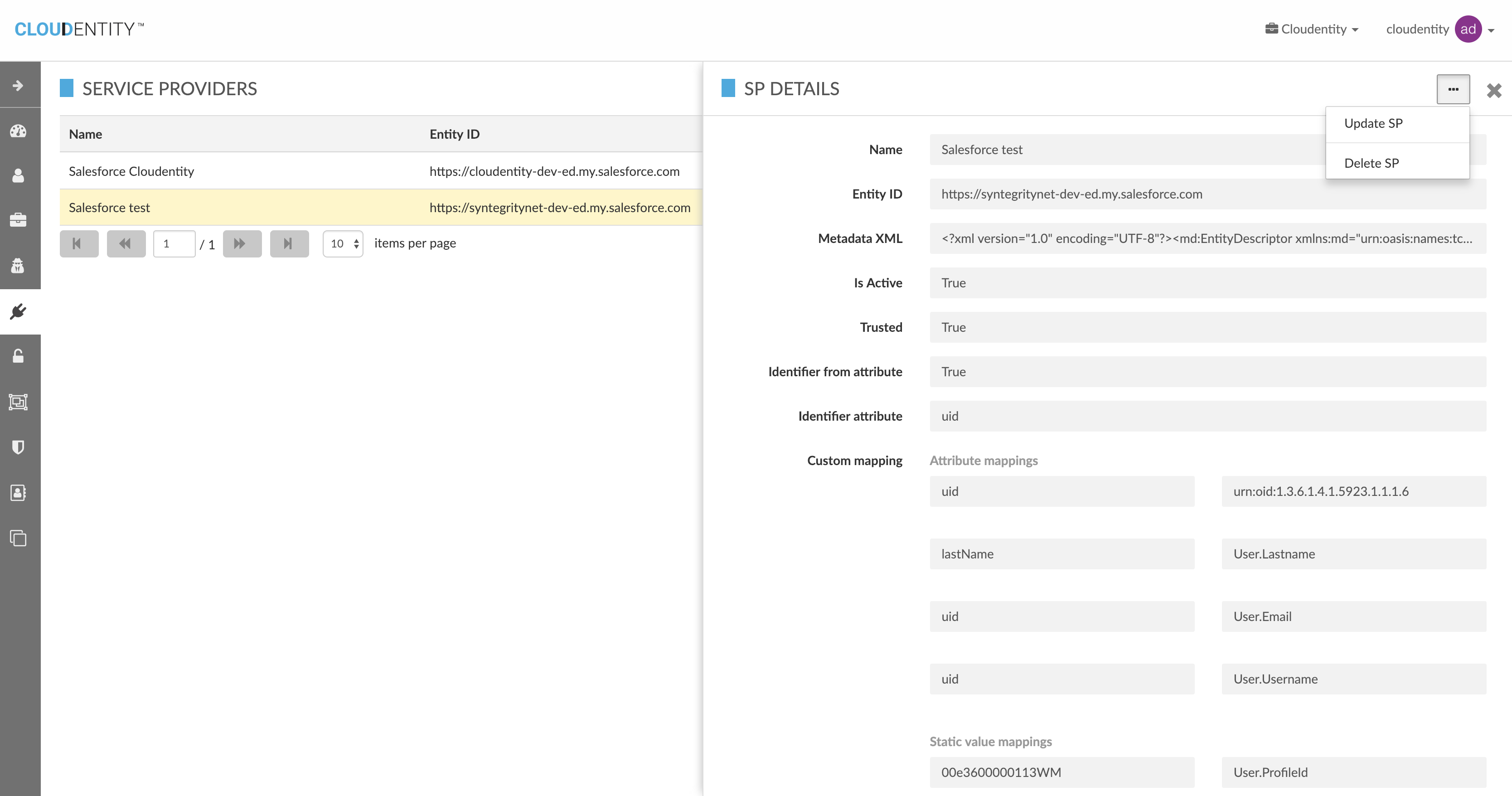 Update External Sp Configuration for Organization