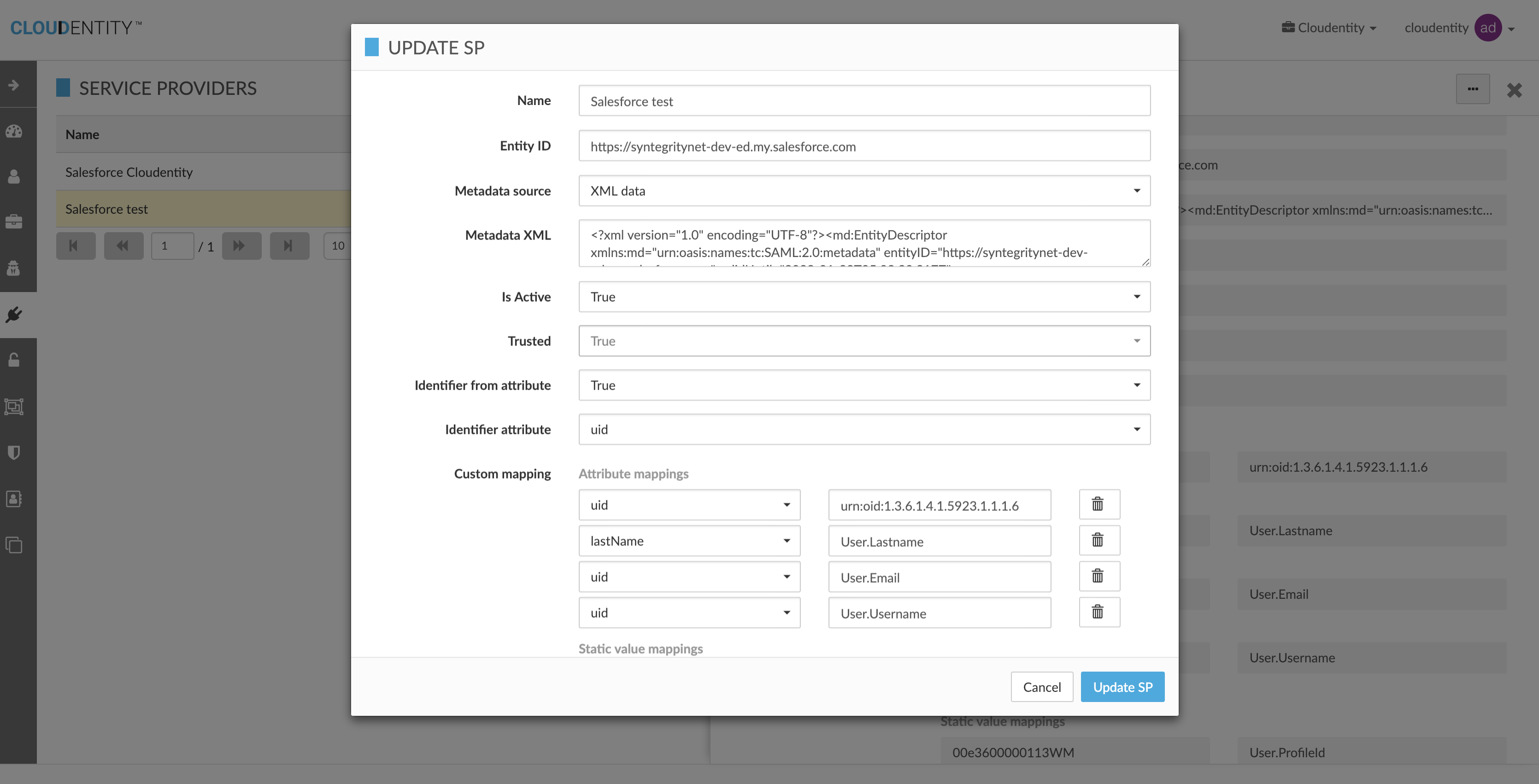 Update External Sp Configuration for Organization